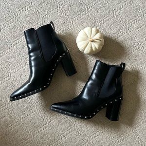 Katliu Women’s Black Studded Point Toe Block Heel Chelsea Ankle Boots Size 10